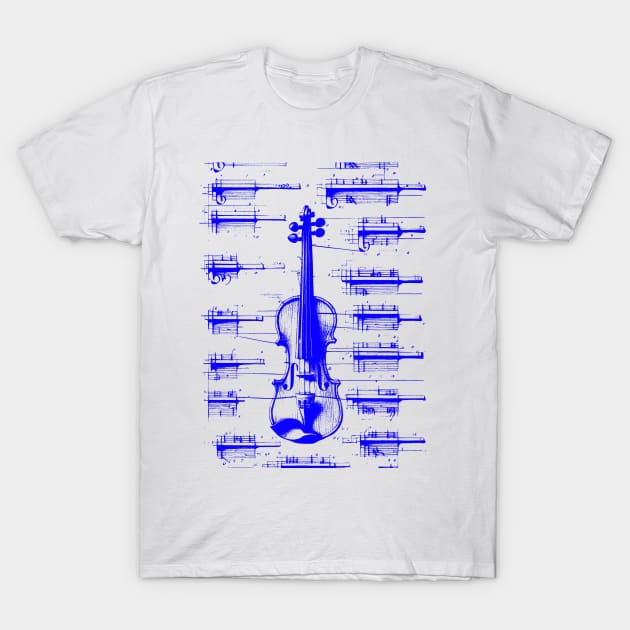 Blue Neon Da Vinci violin blueprint T-Shirt by Trip Tank